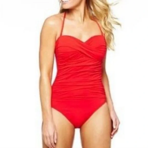 Liz Claiborne One Piece Swimsuit red halter women’s 12 - Picture 2 of 8
